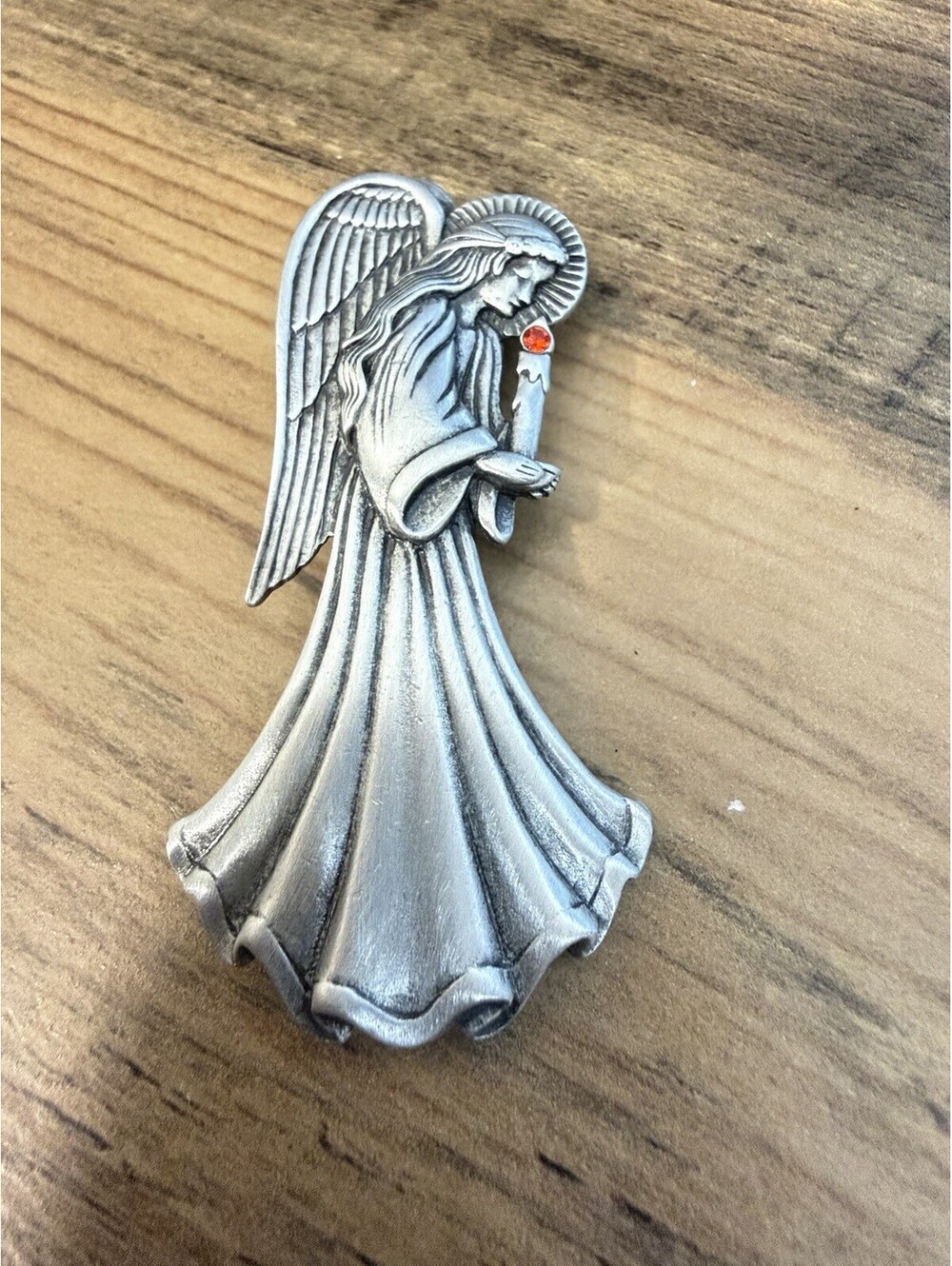 JJ Jonette Silver-Tone Pewter Winged Angel Brooch Holding Candle